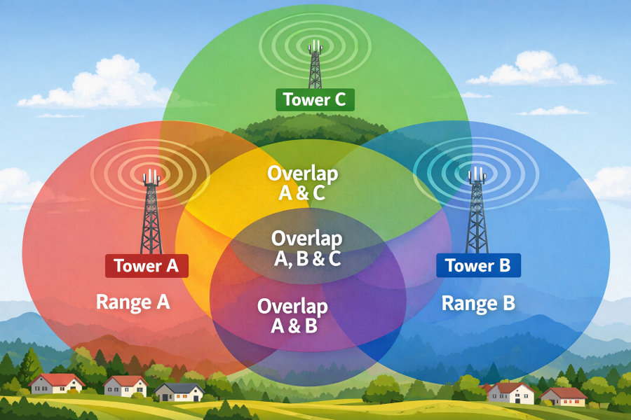 image showing towers with overlapping signal ranges.